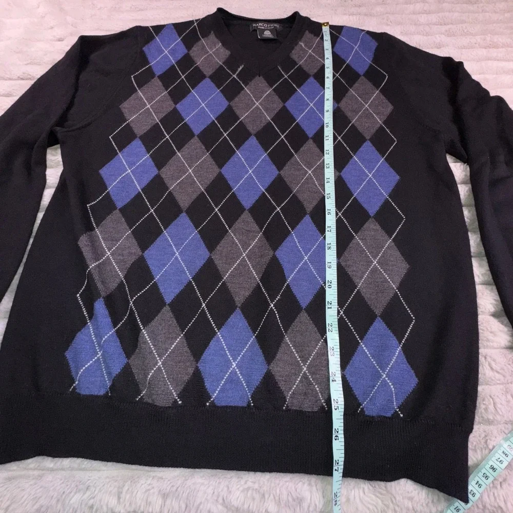 Marco Fiori Argyle V Neck Sweater Mens‎ Large Merino Wool Blue Black Made Italy